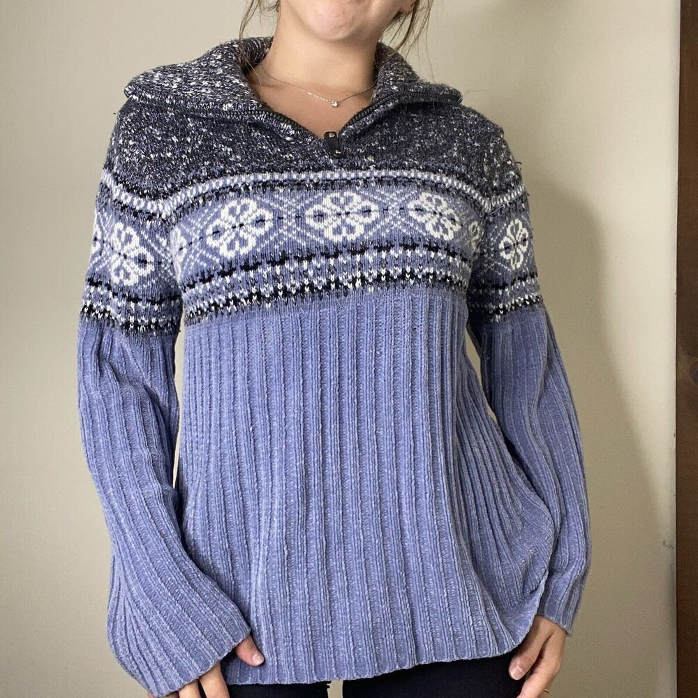 Carolyn Taylor Essentials Blue Pattern Zip Chenille Sweater Size Small